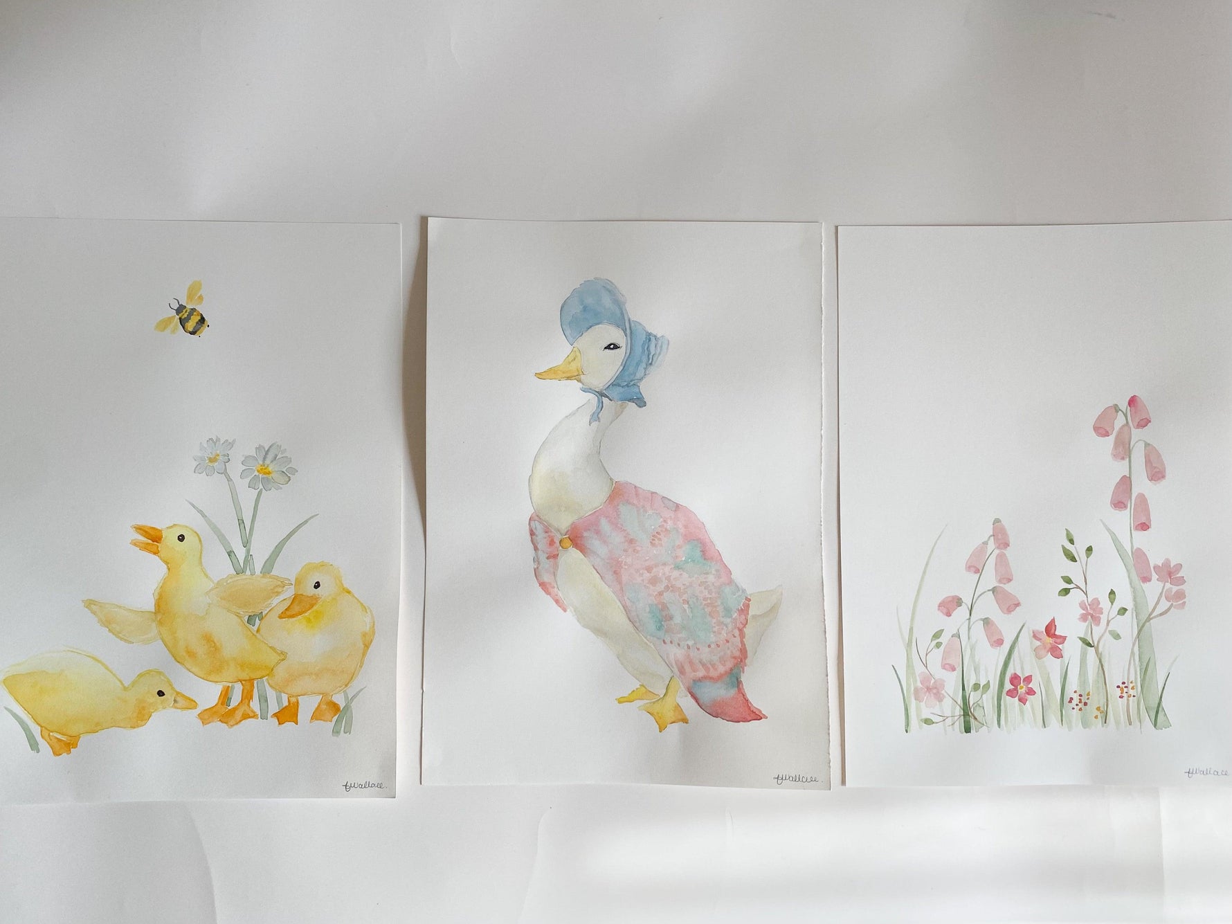 Jemima Puddleduck, Garden, and Ducklings - Set of 3 Original Watercolour Paintings - lovefrankieart